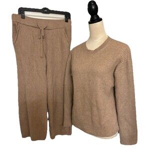 Hass Sustainable Womens M 100% Baby Alpaca Peruvian Tan Ribbed Sweater Pants Set